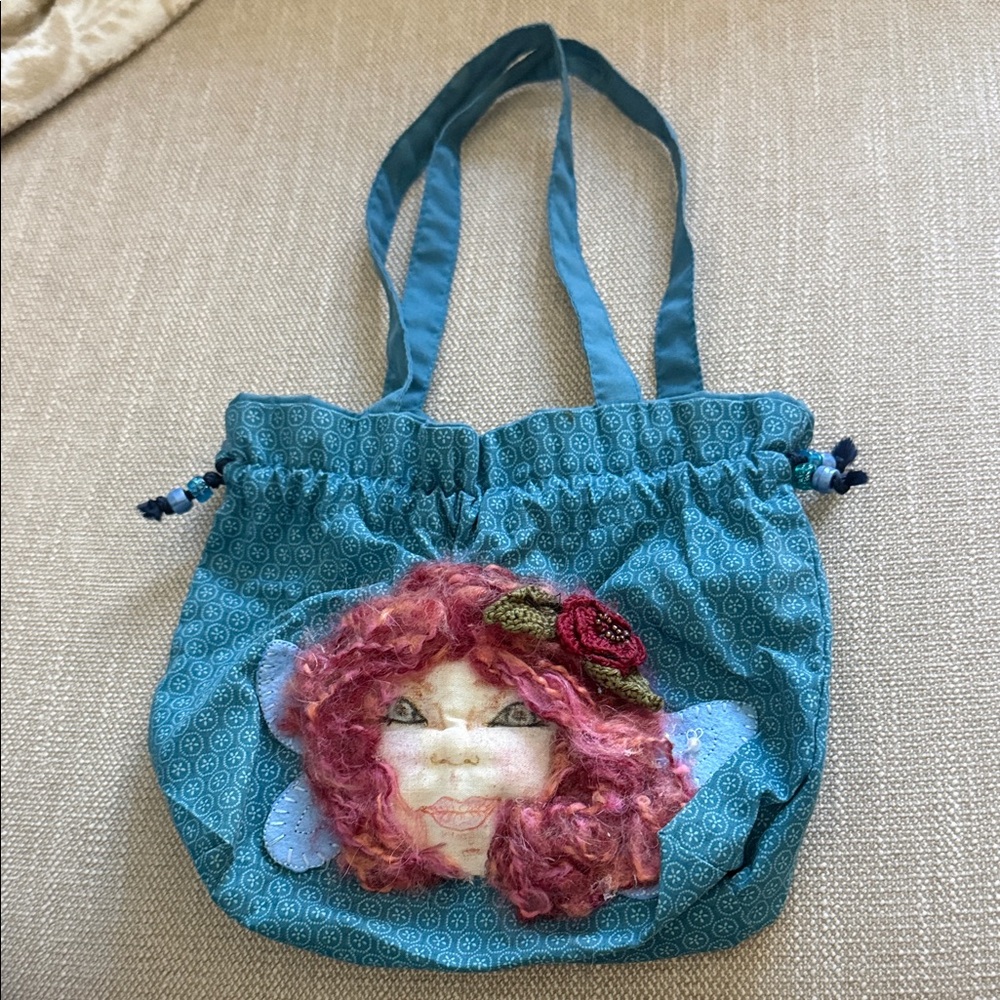 Teal Fabric Tote with Handcrafted Face Applique